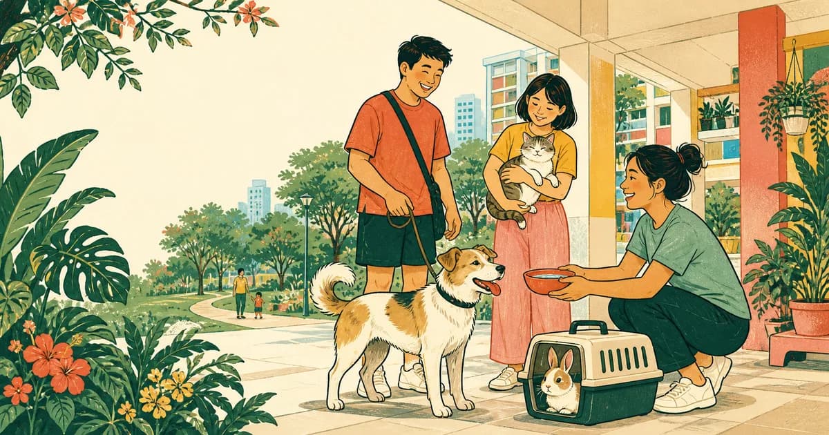 Neighbours share a relaxed Singapore pet-community moment with a dog, cat and rabbit near a leafy park path.